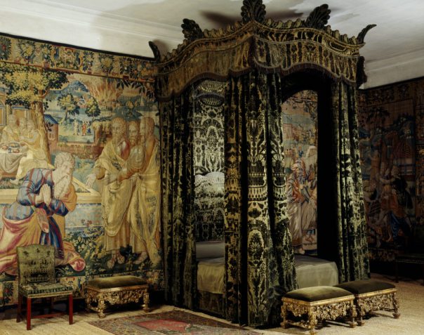 The Green Velvet Room with the early c18th green velvet bed, with matching stools and a chair at Hardwick Hall, Derbyshire